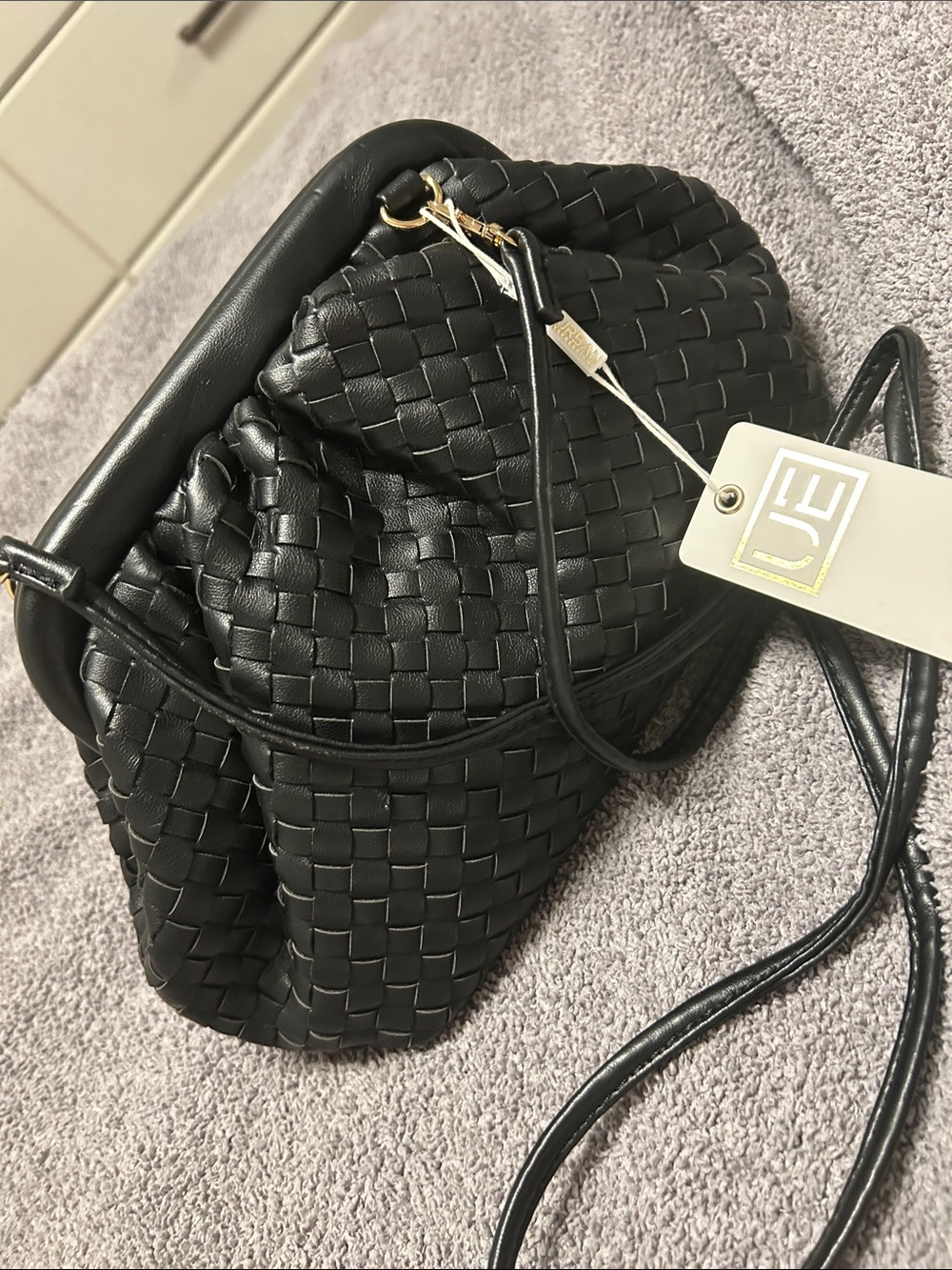 UE Black Woven Crossbody Bag with Gold Hardware